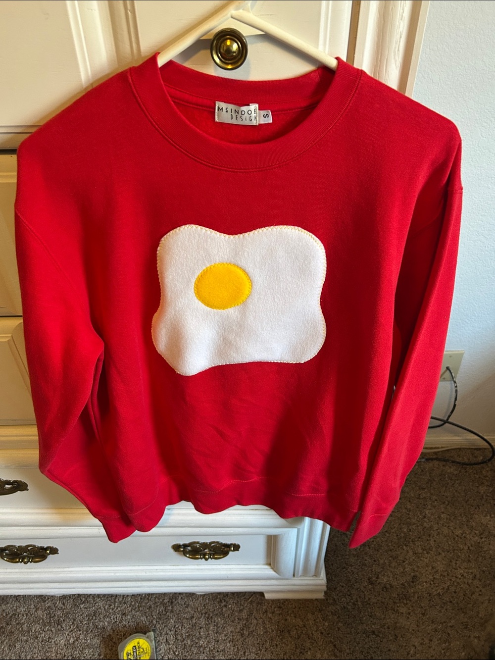 NWOT!Msindos Red Crewneck Sweatshirt with Sunny Egg Appliqué